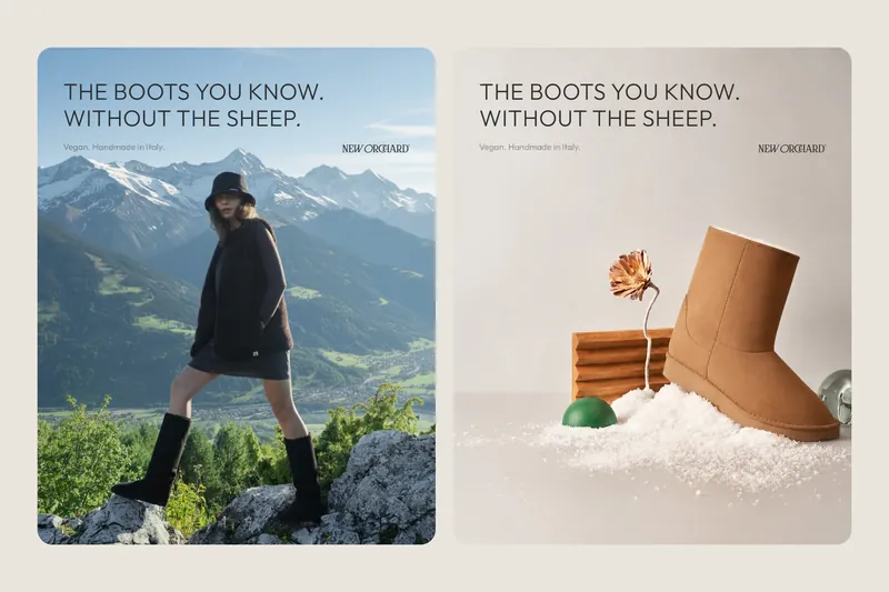 Two New Orchard ads: a woman in boots in the Alps and a caramel boot on snow